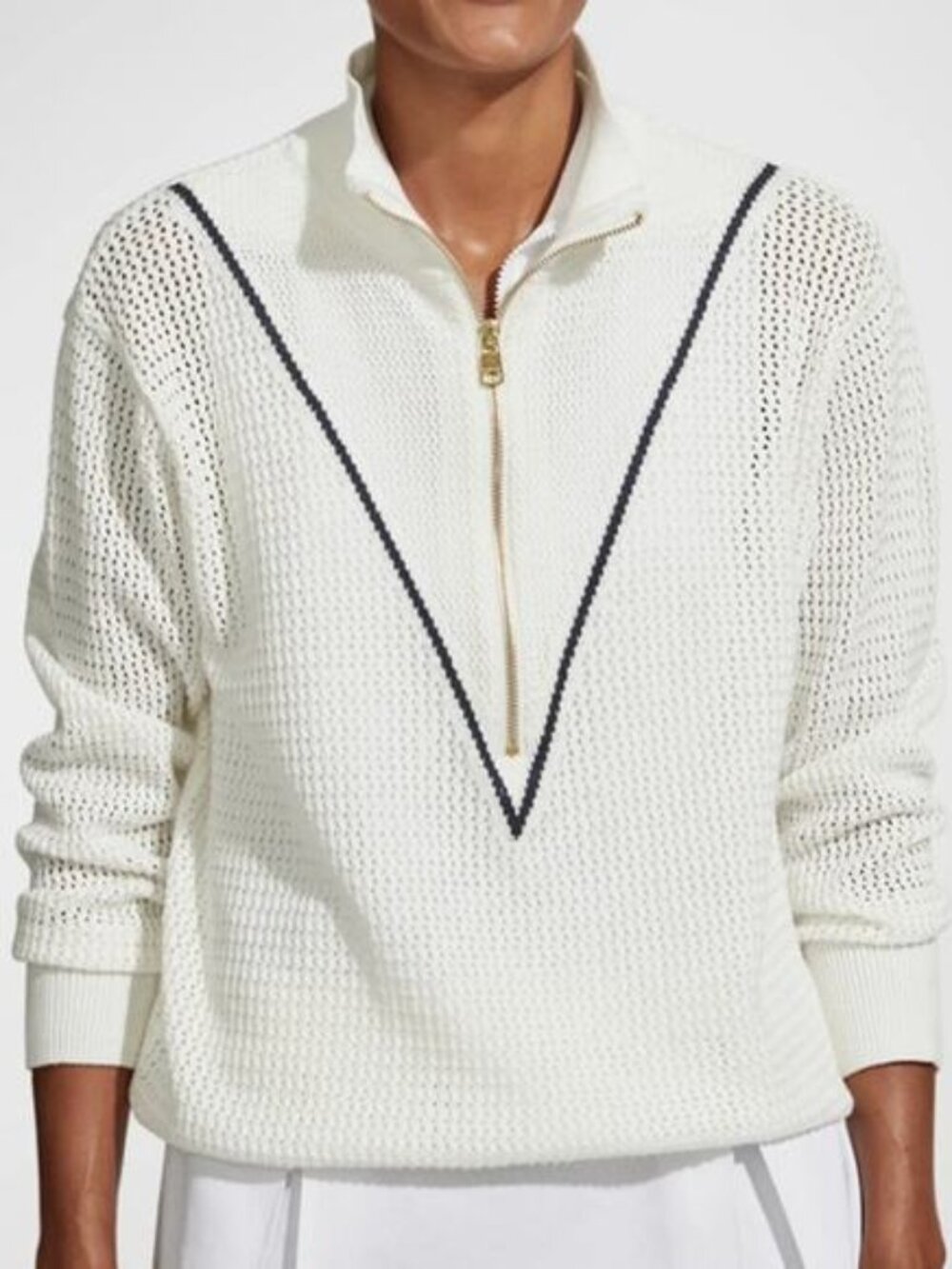 Varley "Calva" Knit Sweatshirt White Ivory Navy Half Zip Cotton Pullover - NWOT